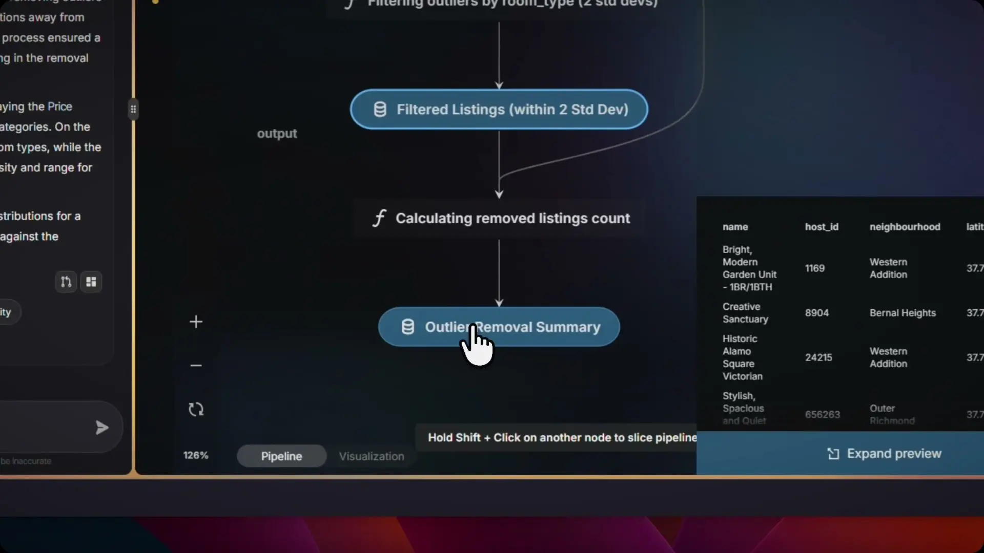 NVEIL Choregraph pipeline: no-code data transformation steps — filtering, aggregation, geolocation — before visualization